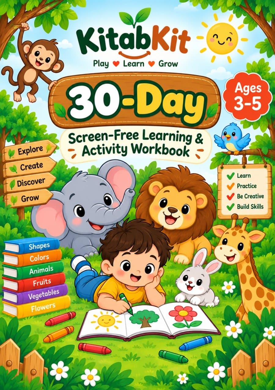 Cover of the 30-Day Screen-Free Learning & Activity Workbook — a colourful jungle-themed activity book for children ages 3 to 5