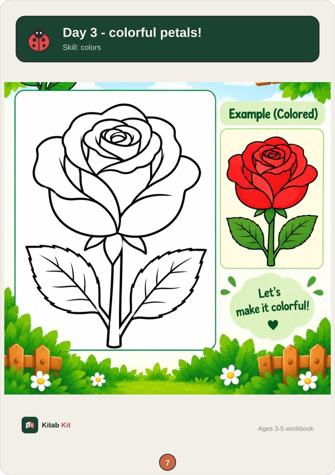 Sample page: Day 3 colouring activity, a rose with a coloured example alongside